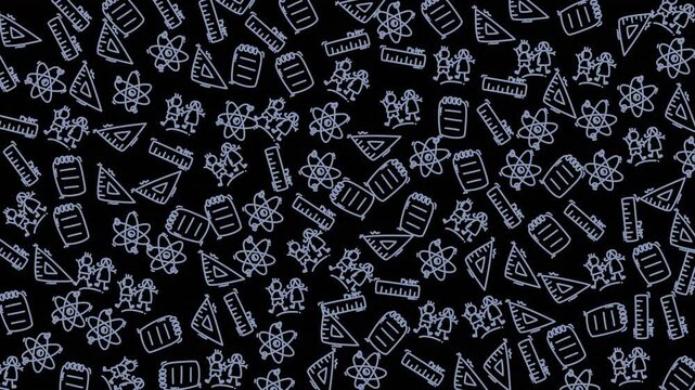 A seamless animated pattern featuring school supplies icons on a dark background, ideal for educational, stationery, or back-to-school themes in creative projects.