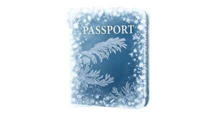 Frozen passport with ice crystals winter travel document concept background