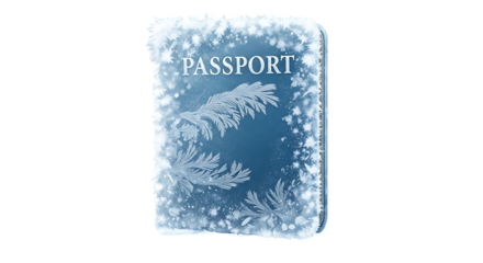 Frozen passport with ice crystals winter travel document concept background