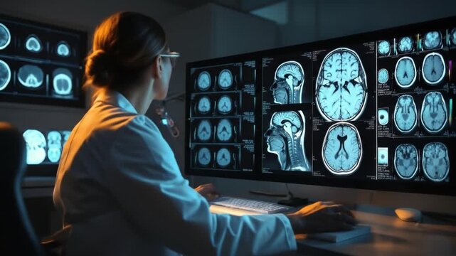 A medical professional views brain scans on multiple monitors in a dim lit setting