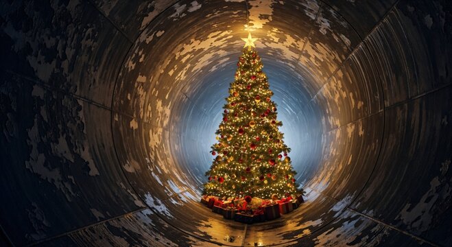 Brightly Lit Christmas Tree with Glowing Star and Presents Inside a Dark, Weathered Industrial Pipe Tunnel