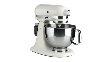 Off-white stand mixer with stainless steel bowl on black background