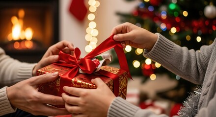 Hands giving and receiving a holiday present wrapped in red paper with a bow, in a warm home setting with a glowing fireplace and blurred Christmas tree lights.