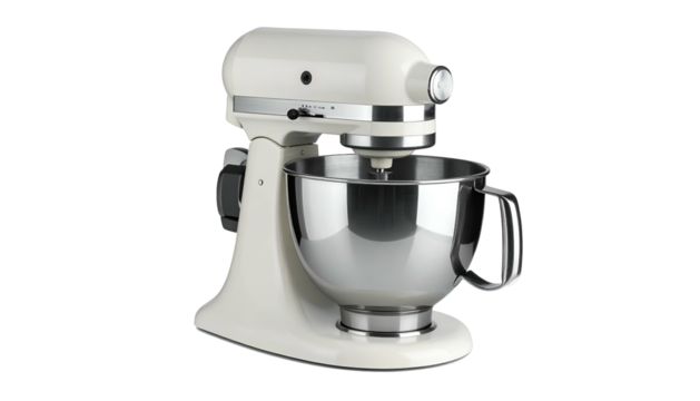 Off-white stand mixer with stainless steel bowl on black background