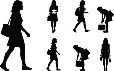 Silhouette collection of women walking standing bending with shopping bags, female figure poses, lifestyle activity illustration, modern urban woman actions