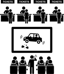 Cinema and Movie Theater Scene Set. Ticket Counter Queue and Audience Watching Action Film with Rude Phone User.