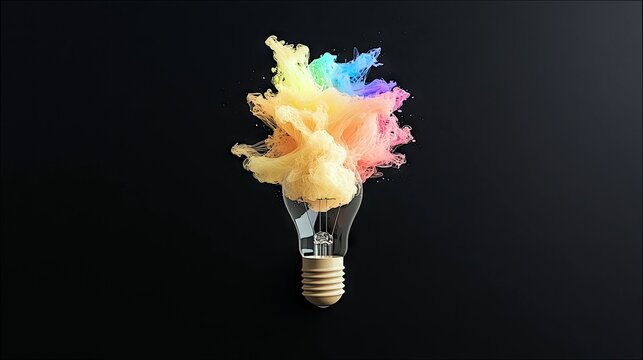 A light bulb on a black background with colorful smoke exploding from the top, symbolizing creativity and new ideas. - Powered by Adobe