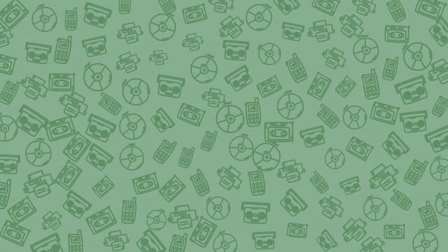 A continuous seamless pattern featuring vintage electronics and gadgets in a calming soft green hue, ideal for tech themes and digital design backgrounds.