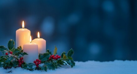 Three white candles on holly with twilight background.