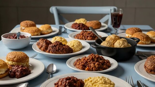 Hearty Comfort Food Plates Mashed Potato, Meatloaf, Sloppy Joe Home Cooking Feast . Satisfying Meal Showcasing Rustic Dinner, Joyful Abundance, Warmth, Family Gathering Delight . Delicious Chili Meal