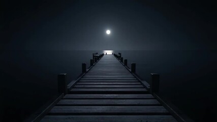 Misty night pier, moonlit wood stretching into dark water, ethereal light, fog and mist embrace solitary dock, evoking mystery and peaceful contemplation, hopeful path towards luminous glow - Powered by Adobe
