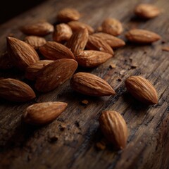 Raw almonds on rustic wooden surface, showcasing natural textures and earthy tones for healthy eating and culinary inspiration