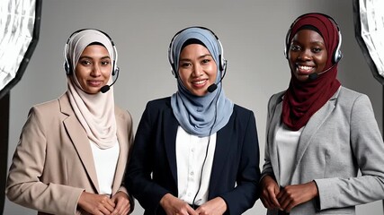 Three diverse women wearing headsets and professional attire smiling in a modern office environment, representing customer service or support team collaboration