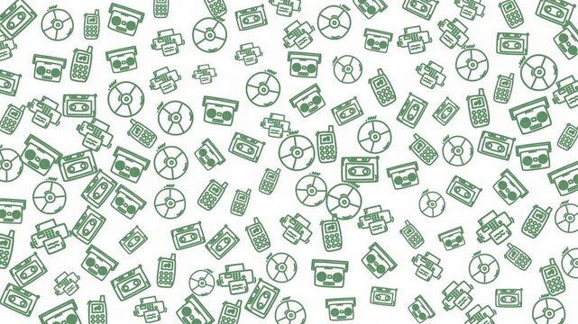 A continuous pattern of vintage technology icons, including gadgets and electronics, ideal for backgrounds, design projects, and creative visual content.