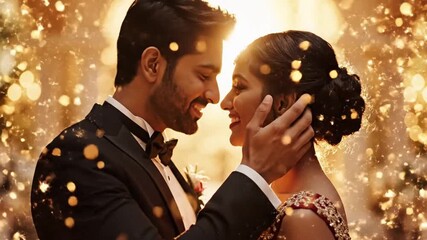 Romantic Wedding Moment: Loving couple shares intimate glance in golden hour light, celebrating love and commitment during their special day