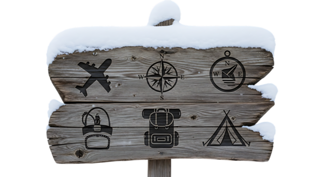 Wooden sign covered in snow depicting travel and adventure icons