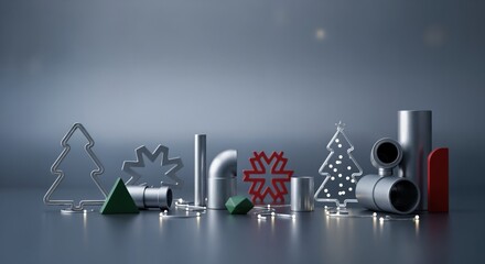 Modern industrial Christmas decoration featuring metallic geometric shapes, pipes, and festive holiday symbols illuminated by string lights on a sleek grey background.