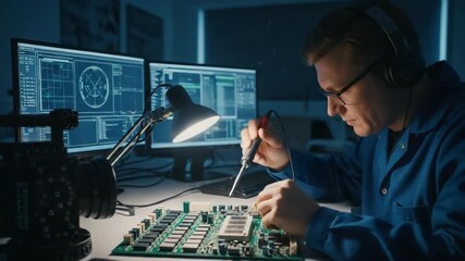 Engineers meticulous soldering on advanced circuit board, technology workshop innovation, electronics hardware computer focus, male dedication to intricate work