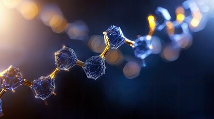 A close-up view of a chain of interconnected geometric shapes, resembling a molecular structure, with glowing golden connectors and soft, blurred background lig