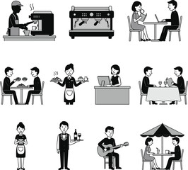 Restaurant and café illustration set showing barista, waiter, customers dining, outdoor seating, service staff, food serving and coffee shop activities