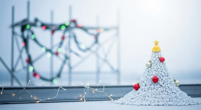 Creative Christmas tree made from white pebbles with a construction hard hat star, set against a blurred background of festive scaffolding lights - Powered by Adobe