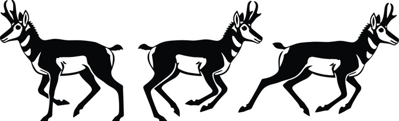 Running antelope silhouette illustration showing three movement poses, wildlife vector art, black and white animal graphic for nature design projects