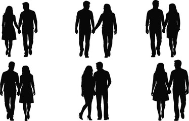 Romantic couple silhouettes walking together, hand in hand, love relationship poses, man and woman walking illustrations for creative design projects