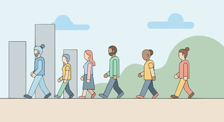 Diverse group of people walking in a line illustration.