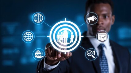 A professional African American man in a suit touches a digital interface with glowing target and network icons against a dark blue background, emphasizing business and technology. - Powered by Adobe