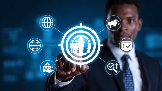 A professional African American man in a suit touches a digital interface with glowing target and network icons against a dark blue background, emphasizing business and technology. - Powered by Adobe