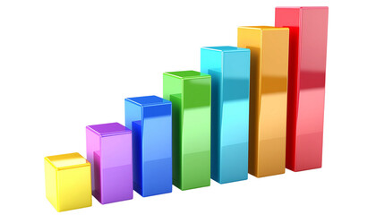 Vibrant three-dimensional bar chart illustrating business growth and financial progress, presented as a clean isolated png graphic asset for data visualization