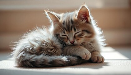 A fluffy grey kitten curled up asleep in a sunbeam, paws tucked neatly,  sleepy,  cozy