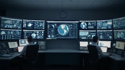 Vigilant command center monitoring technology data screens control room operation system security operators watch earth globe, conveying focused intensity, watchful security, sophisticated systems - Powered by Adobe