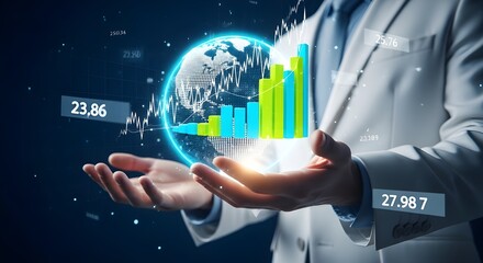 Businessman holding a holographic globe with bar graph, representing global business growth