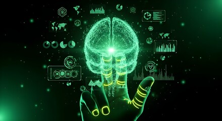 Human hand touching brain with futuristic interface, artificial intelligence concept
