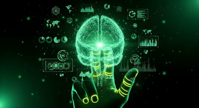 Human hand touching brain with futuristic interface, artificial intelligence concept