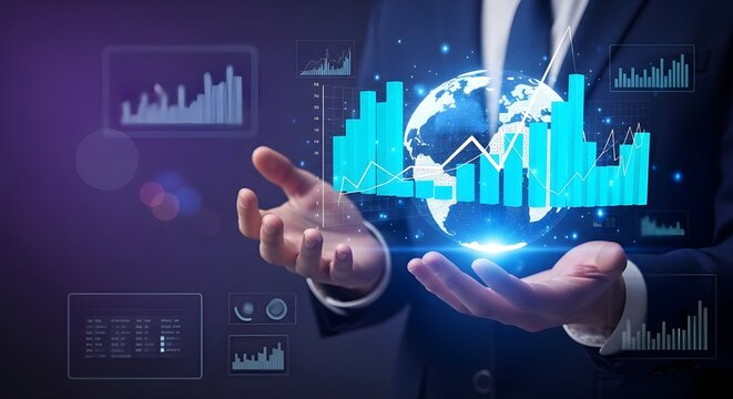 Businessman holding virtual world with business graph analysis of marketing data