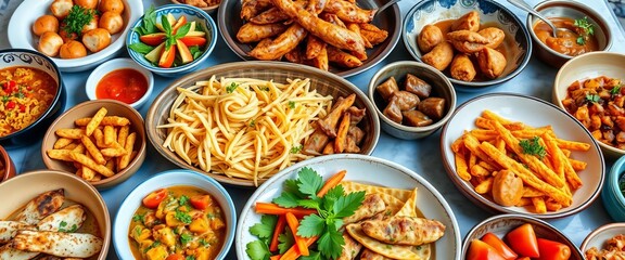 Diverse array of culinary delights, showcasing various cuisines and dishes,  vibrant,  snacks