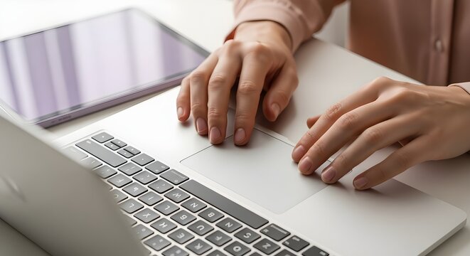 Close up of womans hands using laptop touchpad while working or studying online
