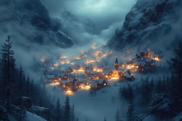 Fototapeta premium Frozen Shadows Drift Across a Forgotten Winter Hamlet