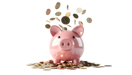 A pink piggy bank with a shower of gold coins representing savings and financial growth, isolated background png