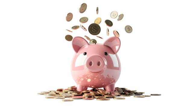 A pink piggy bank with a shower of gold coins representing savings and financial growth, isolated background png