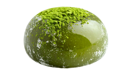 Green mochi dessert with powdered matcha topping
