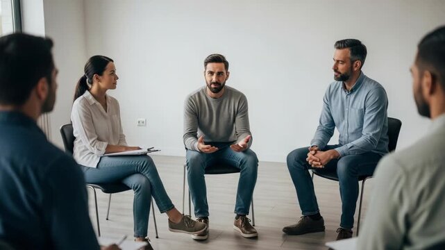 Adult Support Group Therapy Meeting Diverse Men and Women Engage Mindful Listening and Discussion, Fostering Community and Shared Understanding Among People Vulnerable and Hopeful Adult Gathering