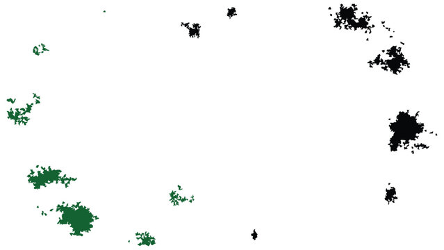 Grunge-style abstract fractal patterns in green and black, resembling rough ink splatters or clusters. High-contrast digital art with ample whitespace and copyspace.