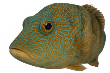 Ornate wrasse with intricate turquoise and orange maze pattern on head and body, animal isolated on transparent background