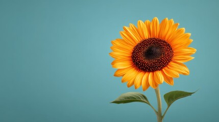 Obraz premium Brilliant Close-Up of a Single Sunflower Against a Soft Blue Background Showcasing Vibrant Yellow Petals and Rich Brown Center for Nature Lovers