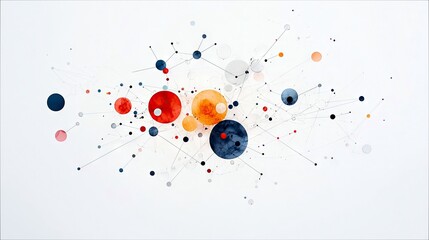 A dynamic abstract composition featuring interconnected dots of various sizes and colors, linked by thin lines, creating a sense of network or data flow.