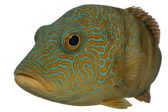 Ornate wrasse with intricate turquoise and orange maze pattern on head and body, animal isolated on transparent background - Powered by Adobe