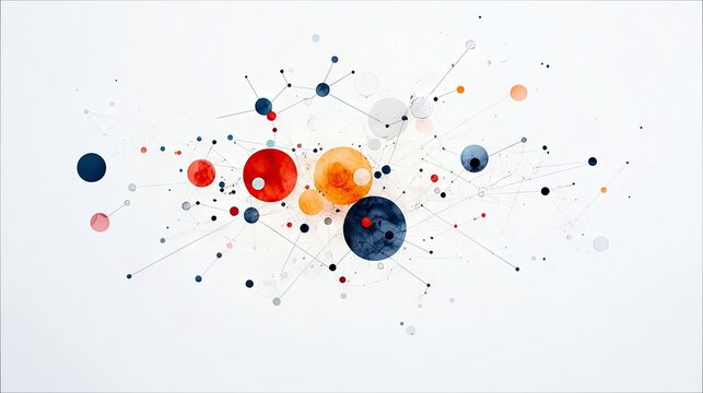 A dynamic abstract composition featuring interconnected dots of various sizes and colors, linked by thin lines, creating a sense of network or data flow.